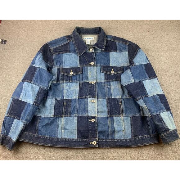 Vintage LA BLUES Women's 22/24 Dark Navy Blue Patchwork Denim Jacket - Picture 1 of 11